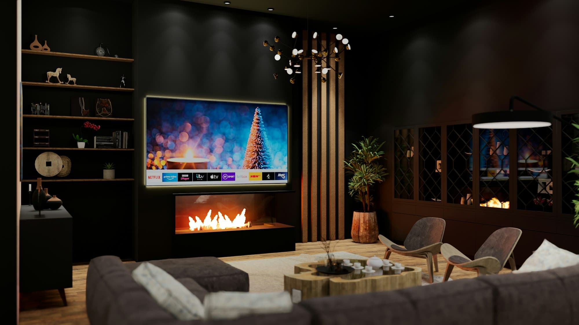 Een moderne woonkamer met een grote Smart TV aan de muur boven een haard