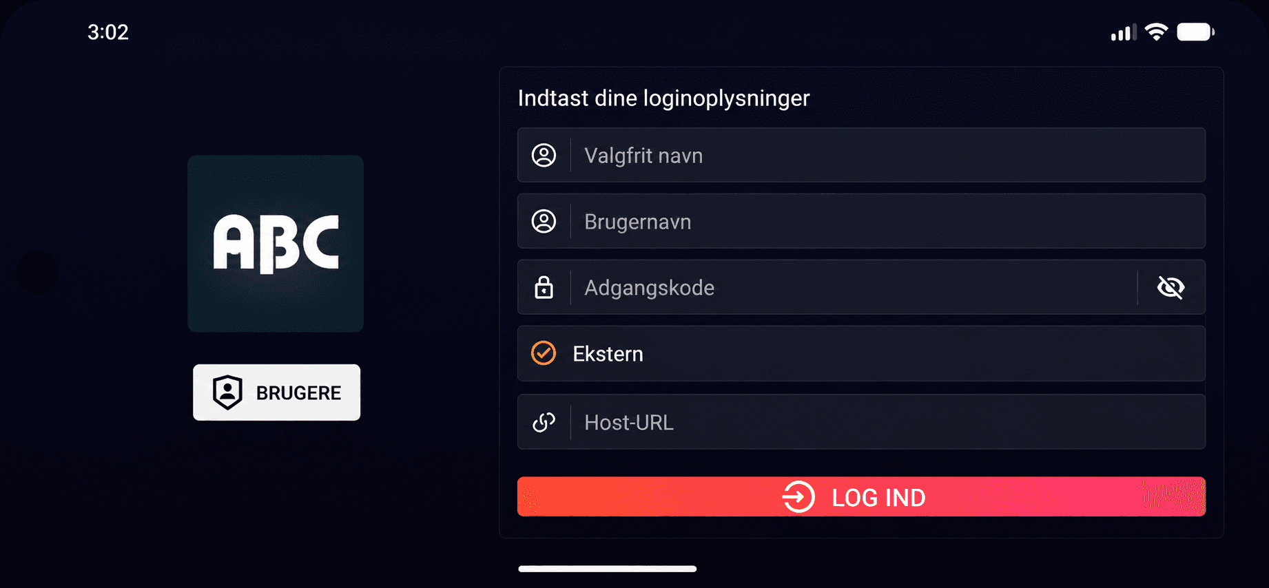 Inlogscherm met velden voor naam, gebruikersnaam, wachtwoord en server