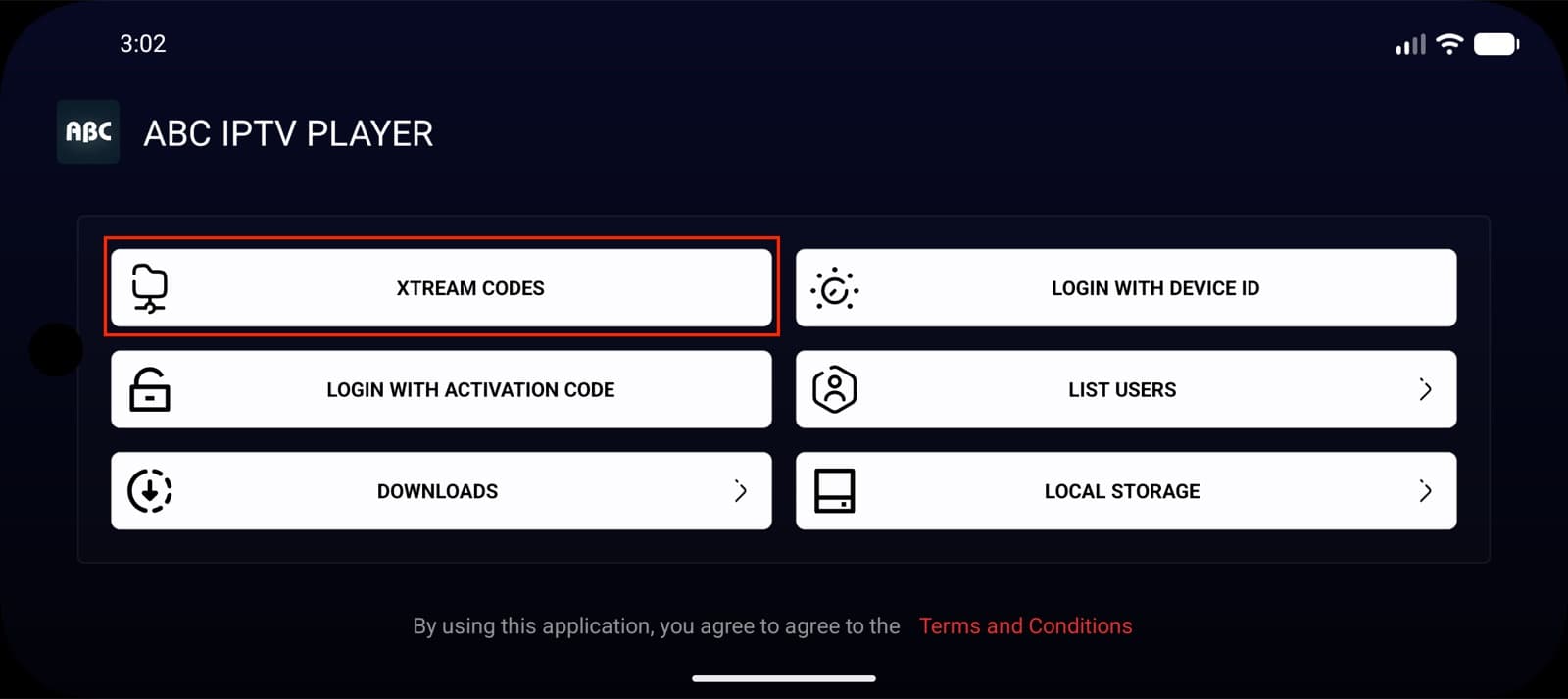 Keuzemenu van een IPTV-speler met de optie Xtream Codes gemarkeerd