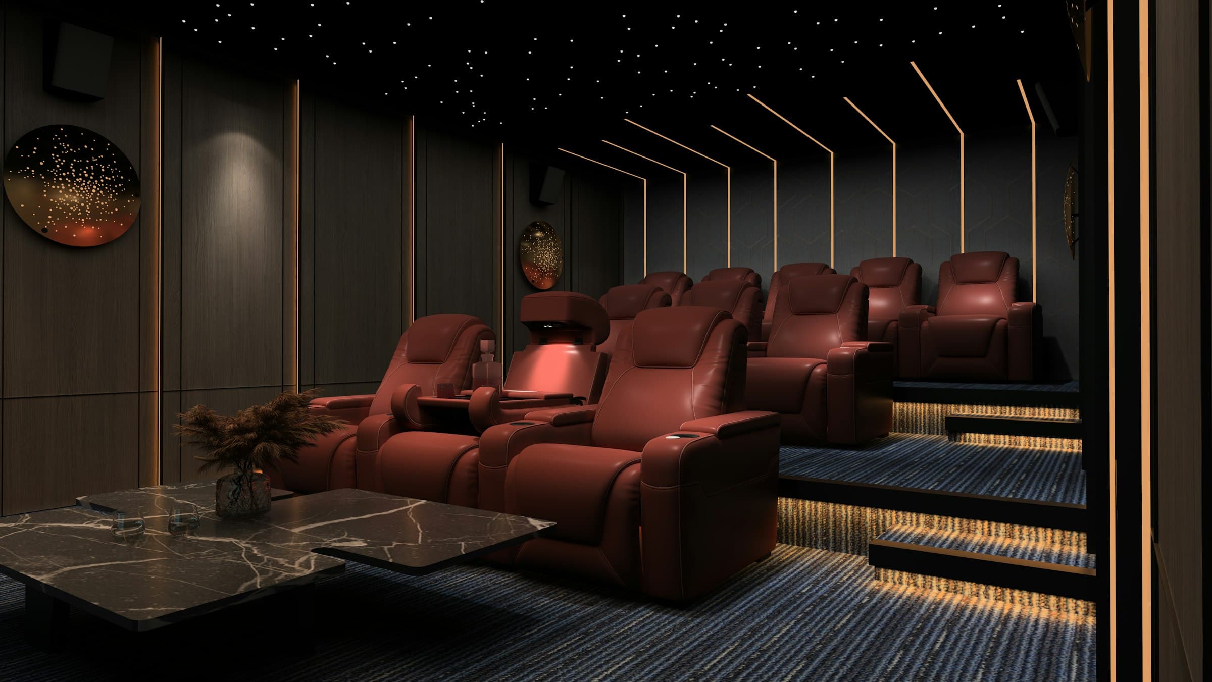 Thuisbioscoop met rode leren stoelen en een sterrenhemel in het plafond