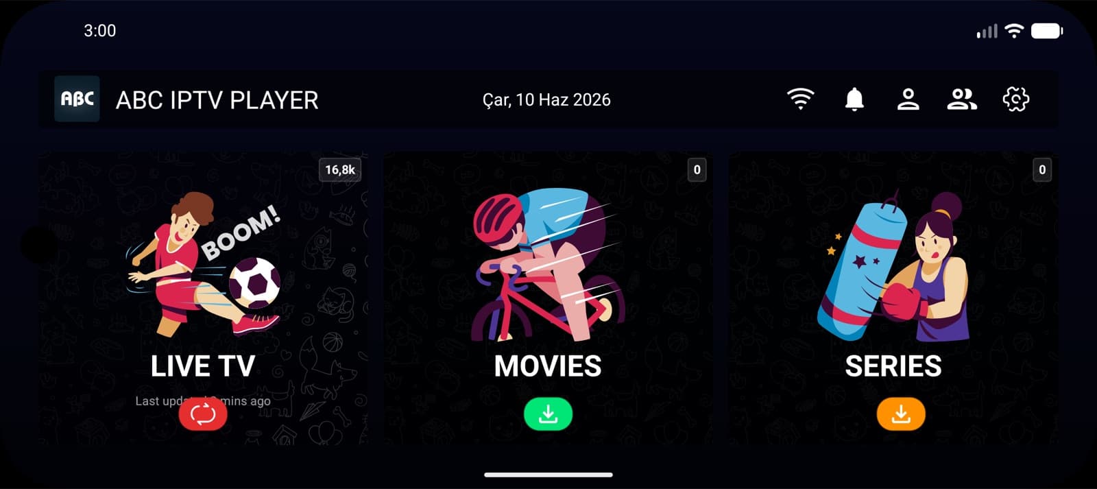 Beginscherm van de speler met de rubrieken live tv, films en series