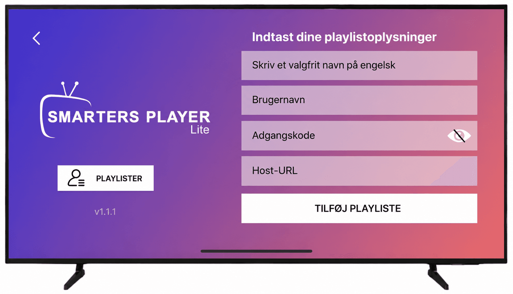 Scherm waarin je een afspeellijst of inloggegevens toevoegt